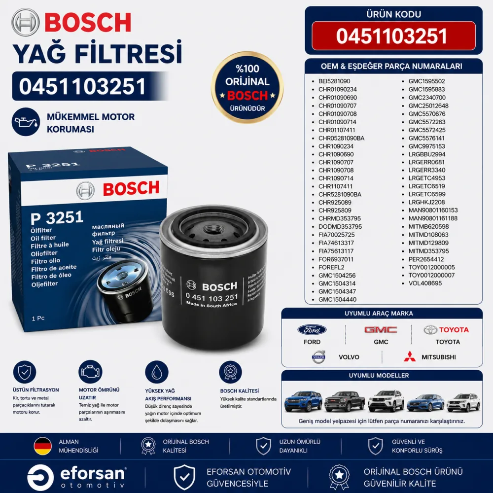 YAĞ FİLİTRESİ FORD GMC TOYOTA VOLVO MITSUBISHI 0451103251