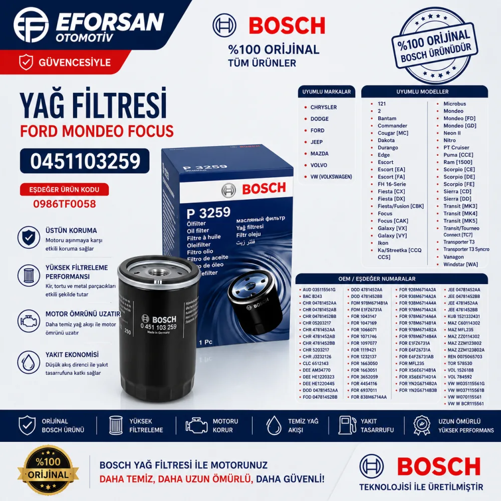 YAĞ FİLTRESİ FORD MONDEO FOCUS 0986TF0058 0451103259