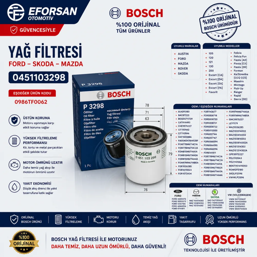 YAĞ FİLTRESİ FORD SKODA MAZDA 0451103298