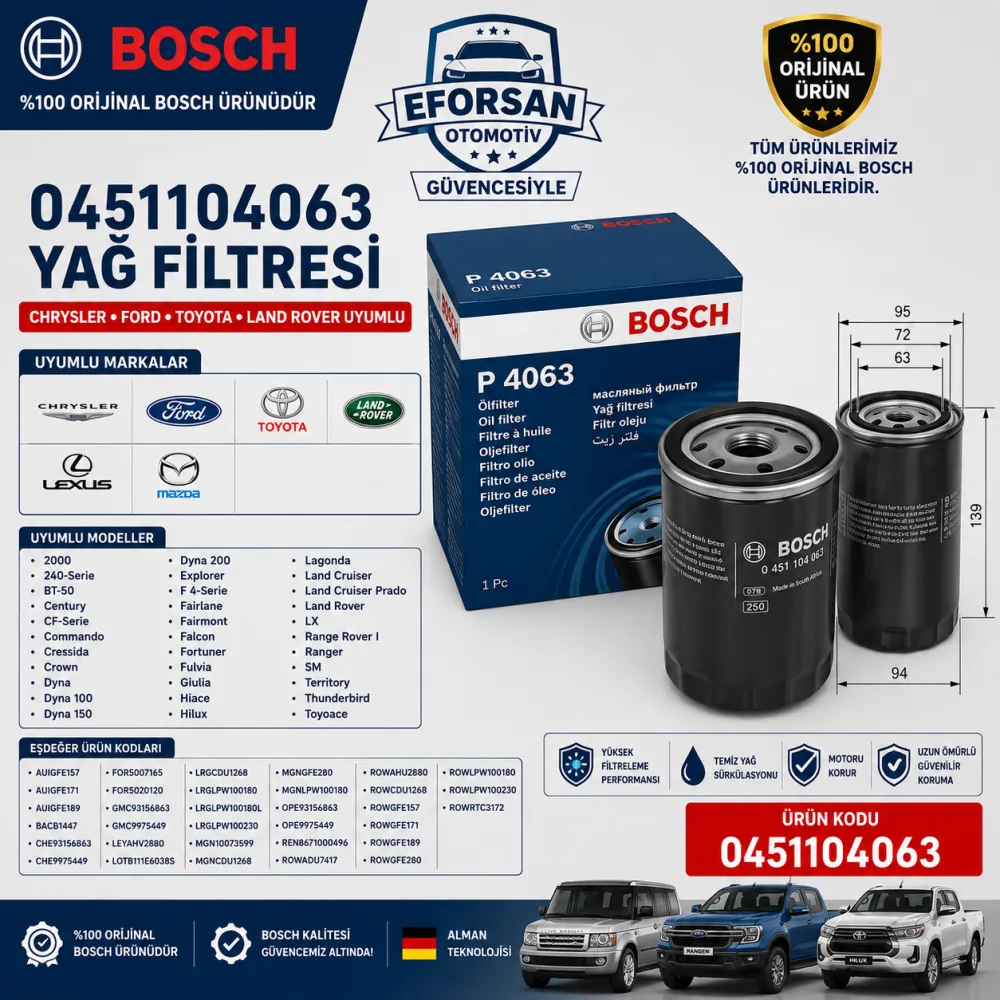 YAĞ FİLTRESİ CHRYSRLER FORD TOYOTA LANDROVER 0451104063