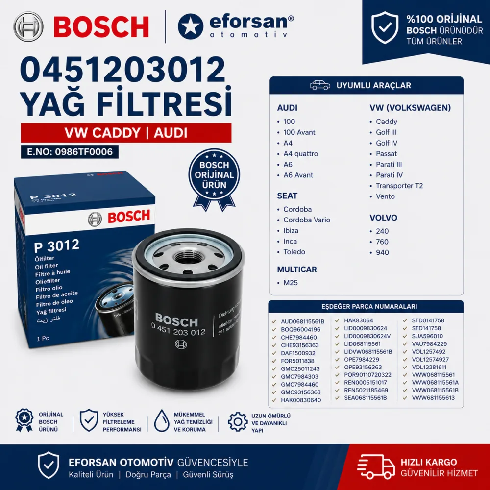 YAĞ FİLTRESİ VW CADDY AUDI E.NO:0986TF0006 0451203012