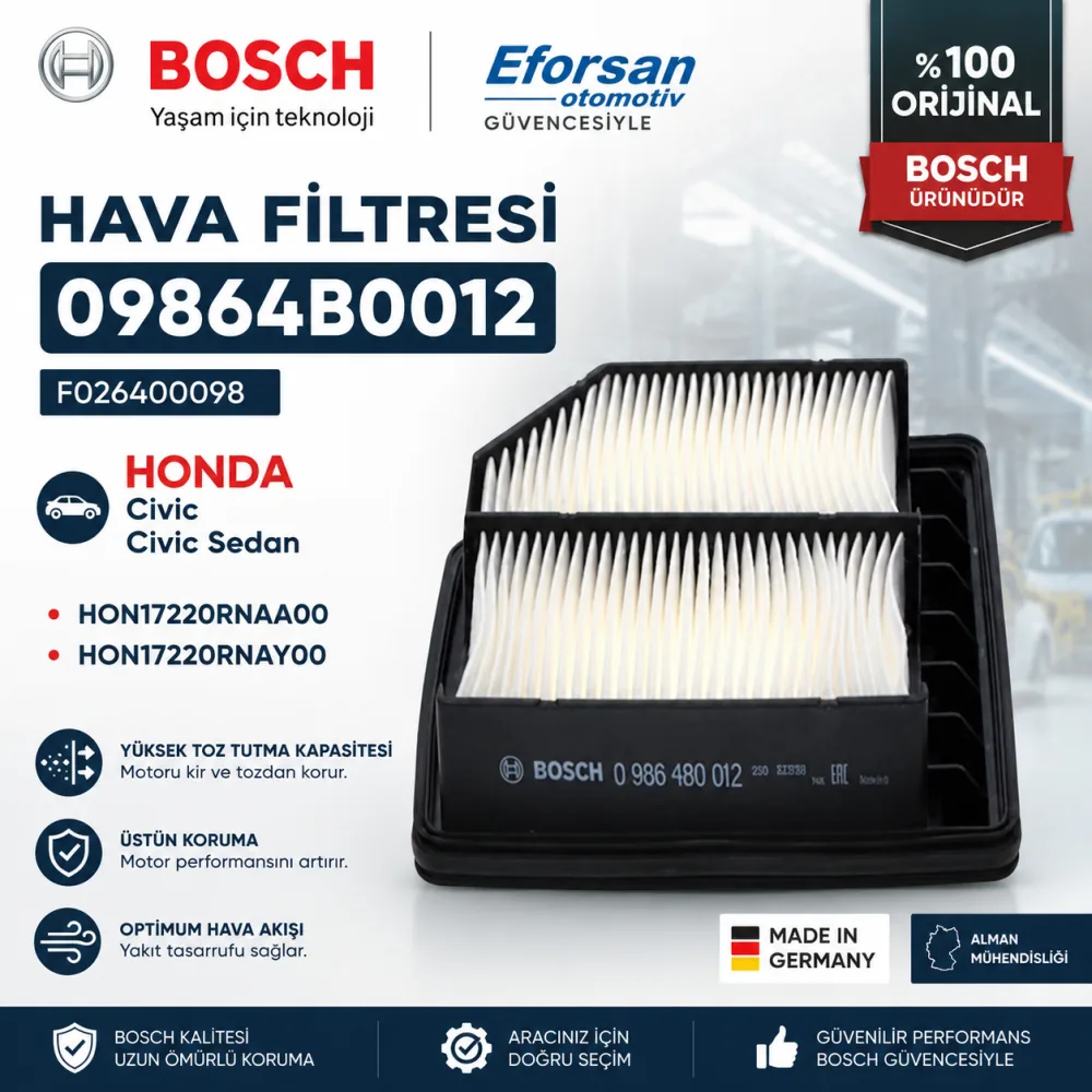 Hava Filtresi Honda Uyumlu 09864B0012