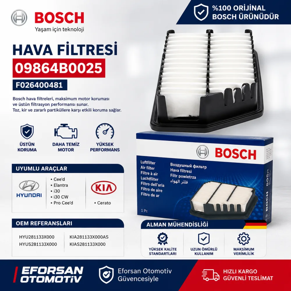 Hava Filtresi Hyundai Kia Uyumlu 09864B0025