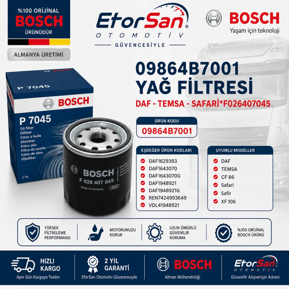 Yağ Filtresi Daf Temsa Uyumlu 09864B7001