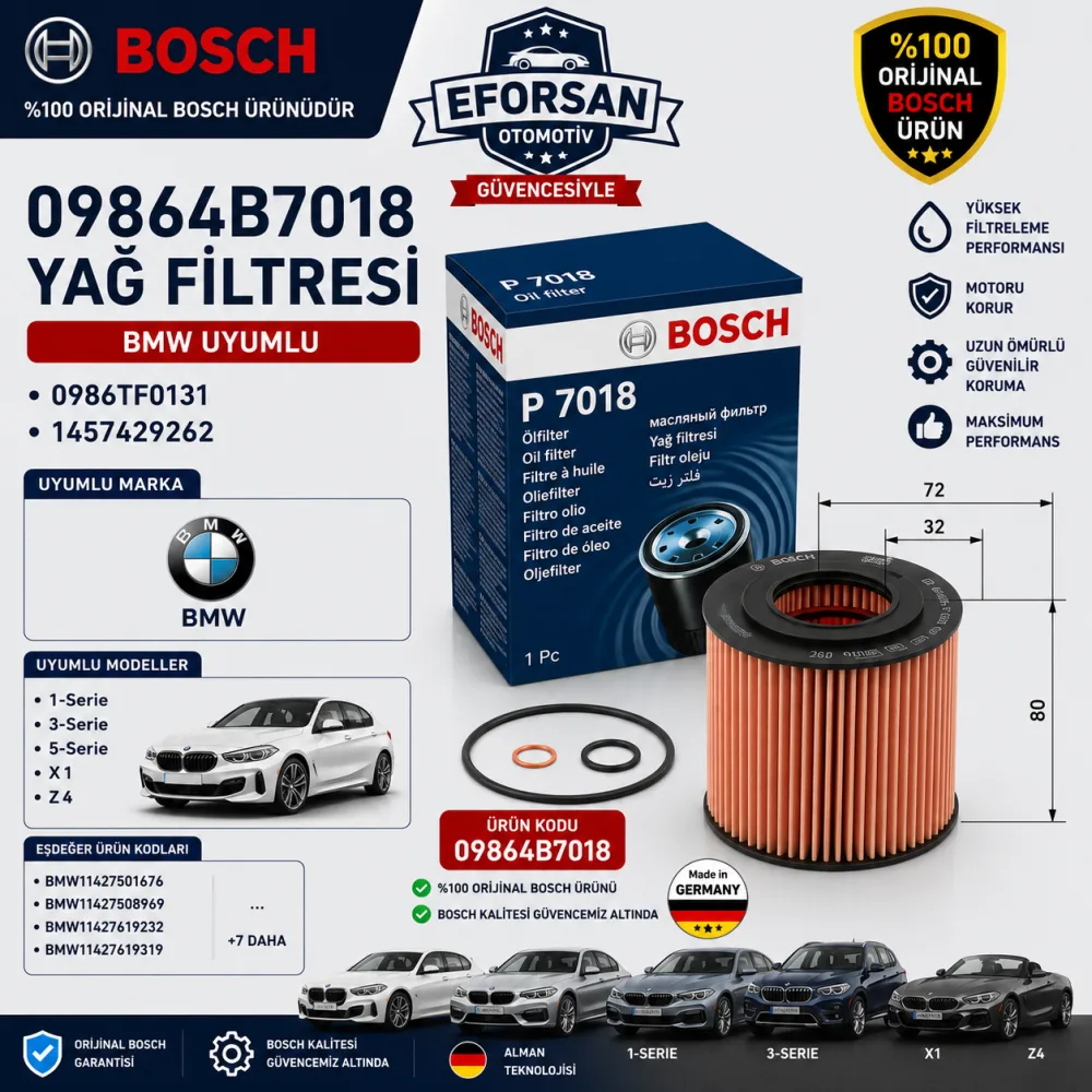 Yağ Filtresi Bmw Uyumlu 09864B7018