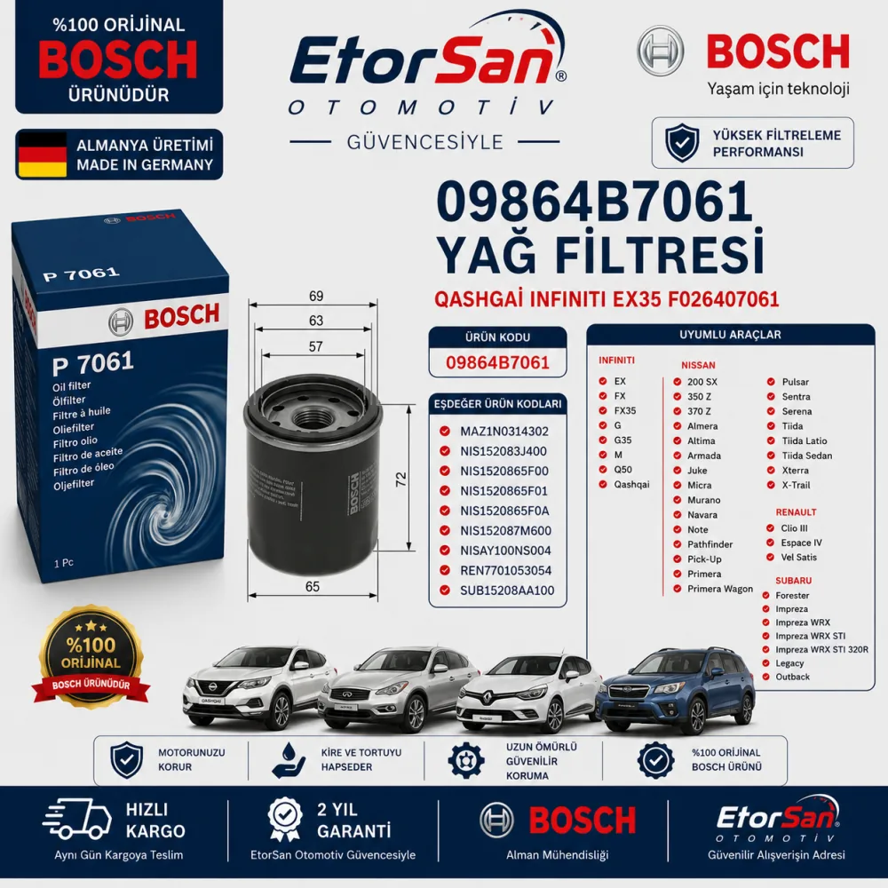 Yağ Filtresi Nissan Infiniti Uyumlu 09864B7061