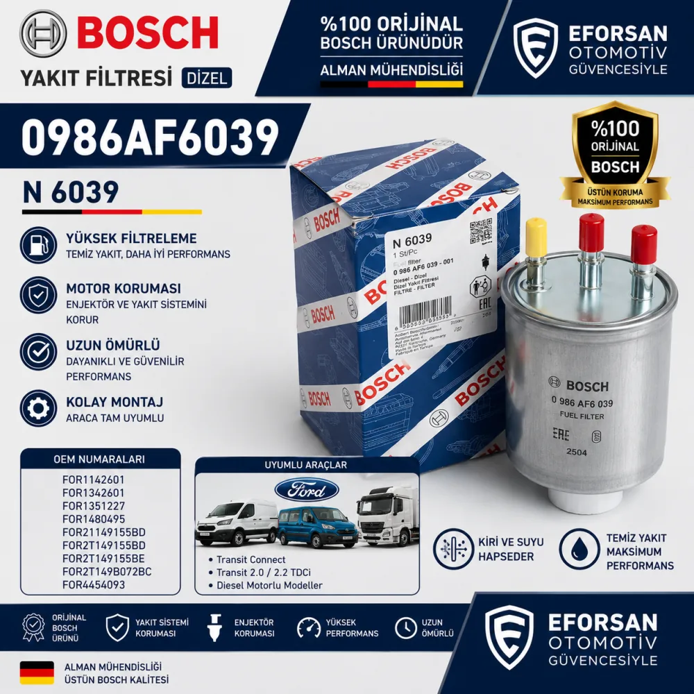 Bosch 0986AF6039 Mazot Yakıt Filtresi Ford Connect / Mondeo 1.8-2.0 Tdcı 0986AF6039