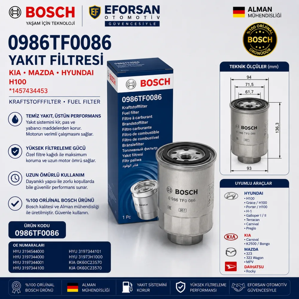 Yakıt Filtresi Kia Mazda Uyumlu 0986TF0086