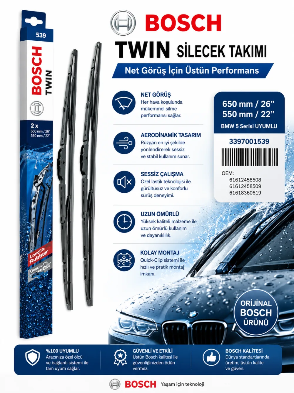 Twin Silecek Takımı 650/550 mm Bmw Uyumlu 3397001539