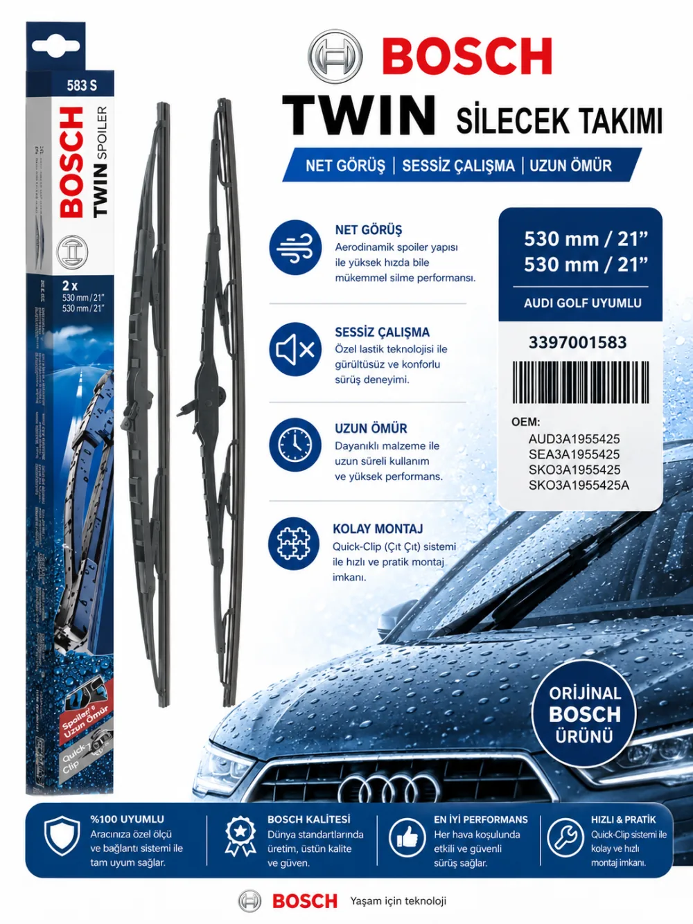 Twin Silecek Takımı 530/530 mm Audi Golf Uyumlu 3397001583