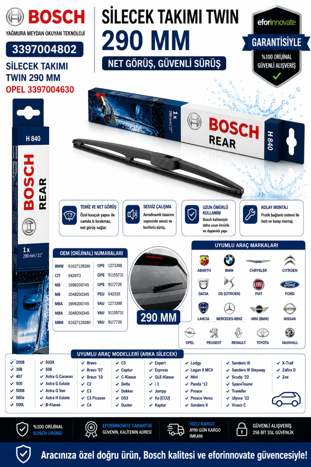Twin Silecek Takımı 290 mm Opel Uyumlu 3397004802