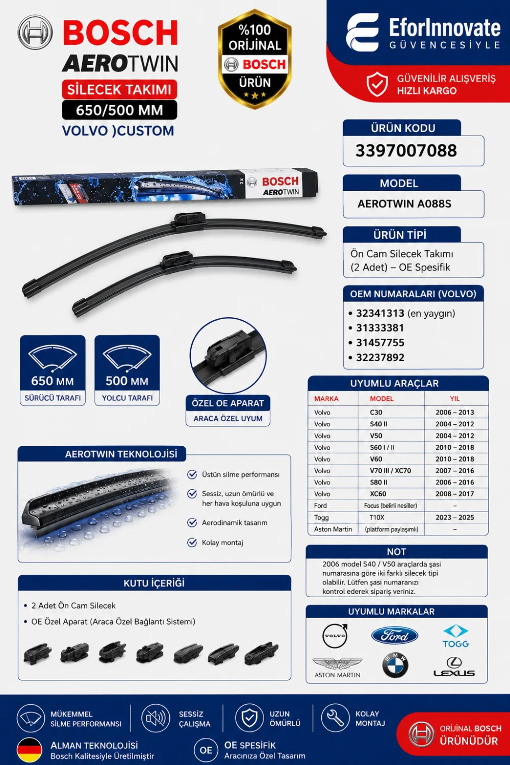 Aerotwin Silecek Takımı 650/500 mm Volvo Uyumlu 3397007088