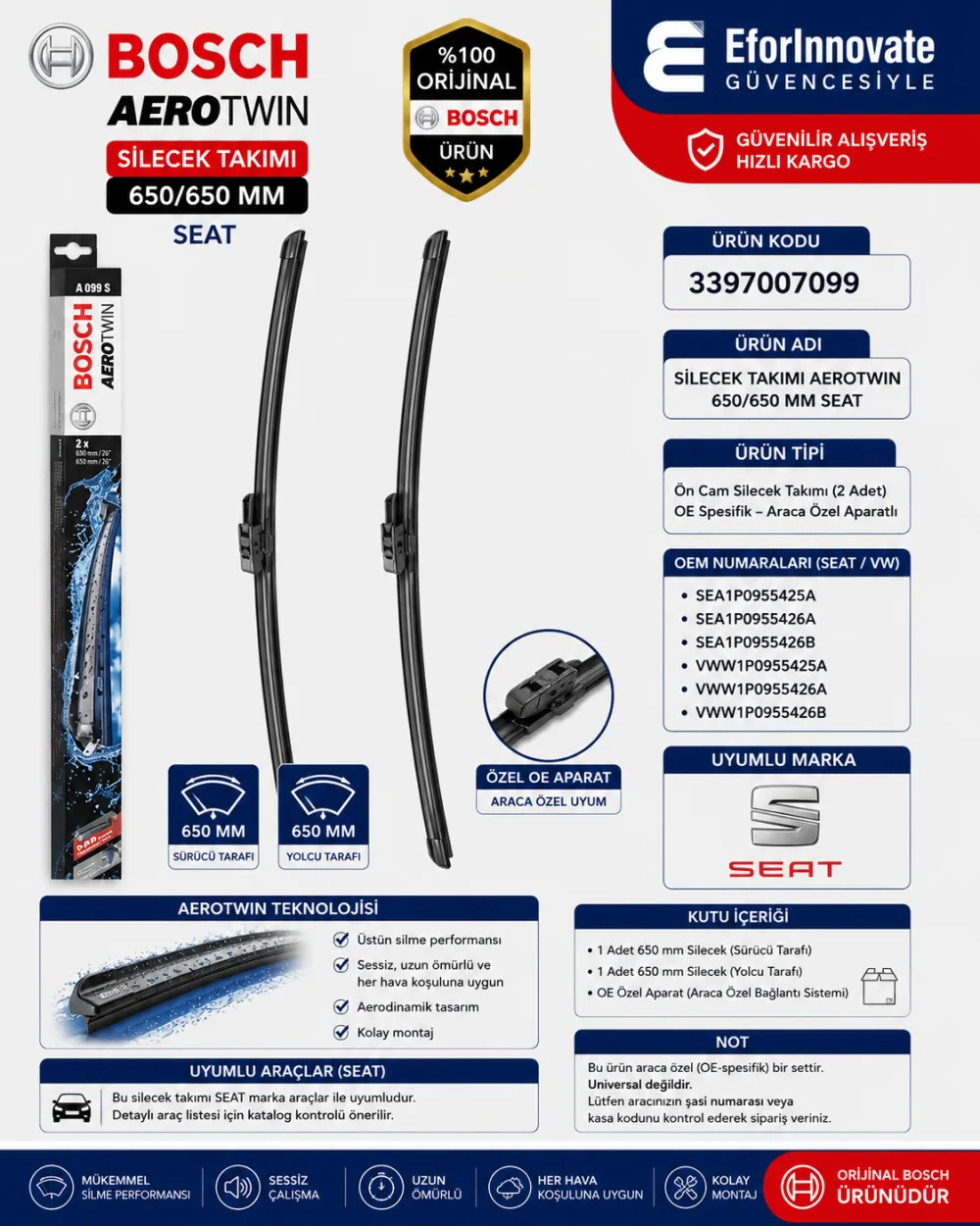 Aerotwin Silecek Takımı 650/650 mm Seat Uyumlu 3397007099