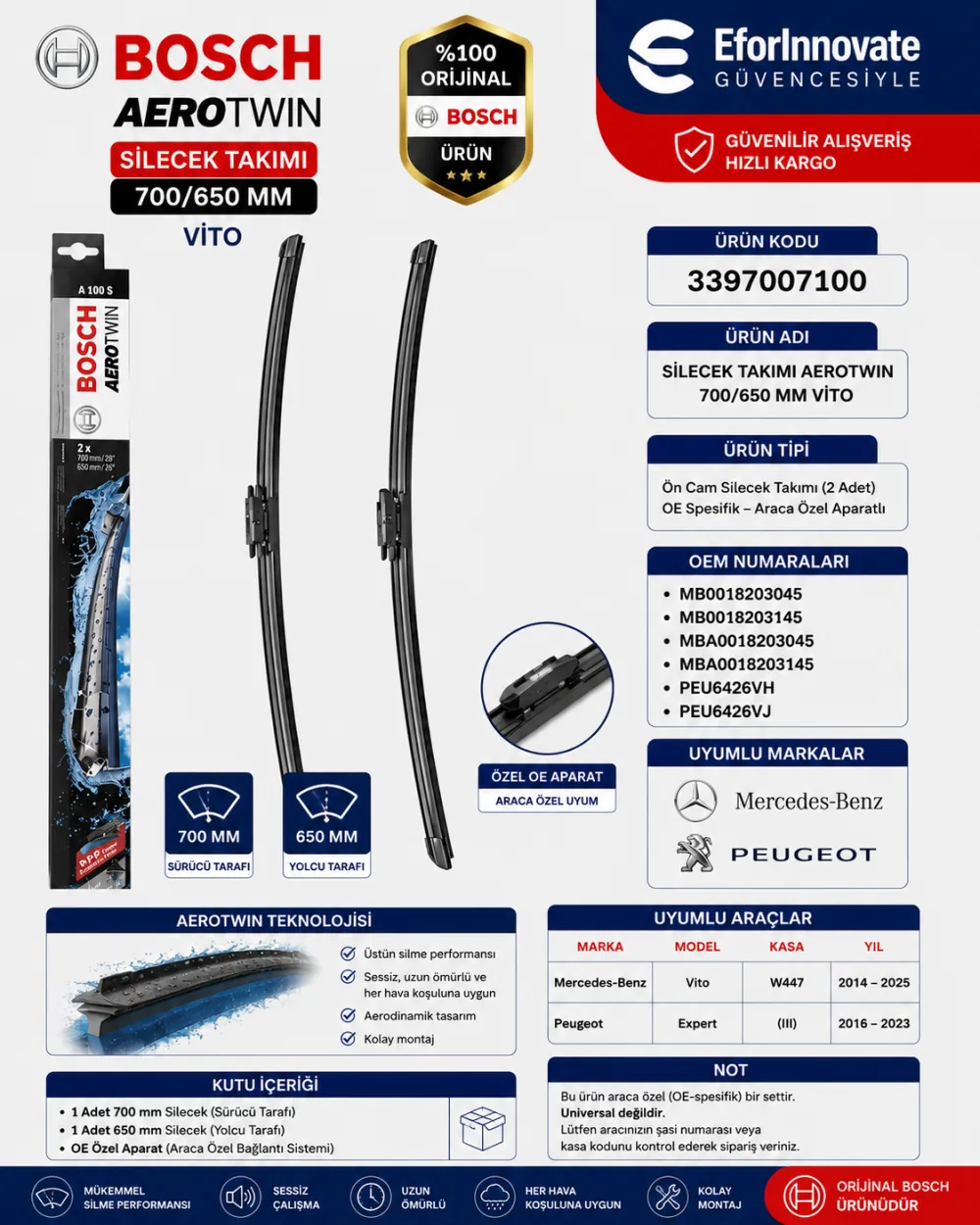 Aerotwin Silecek Takımı 700/650 mm Vito Uyumlu 3397007100