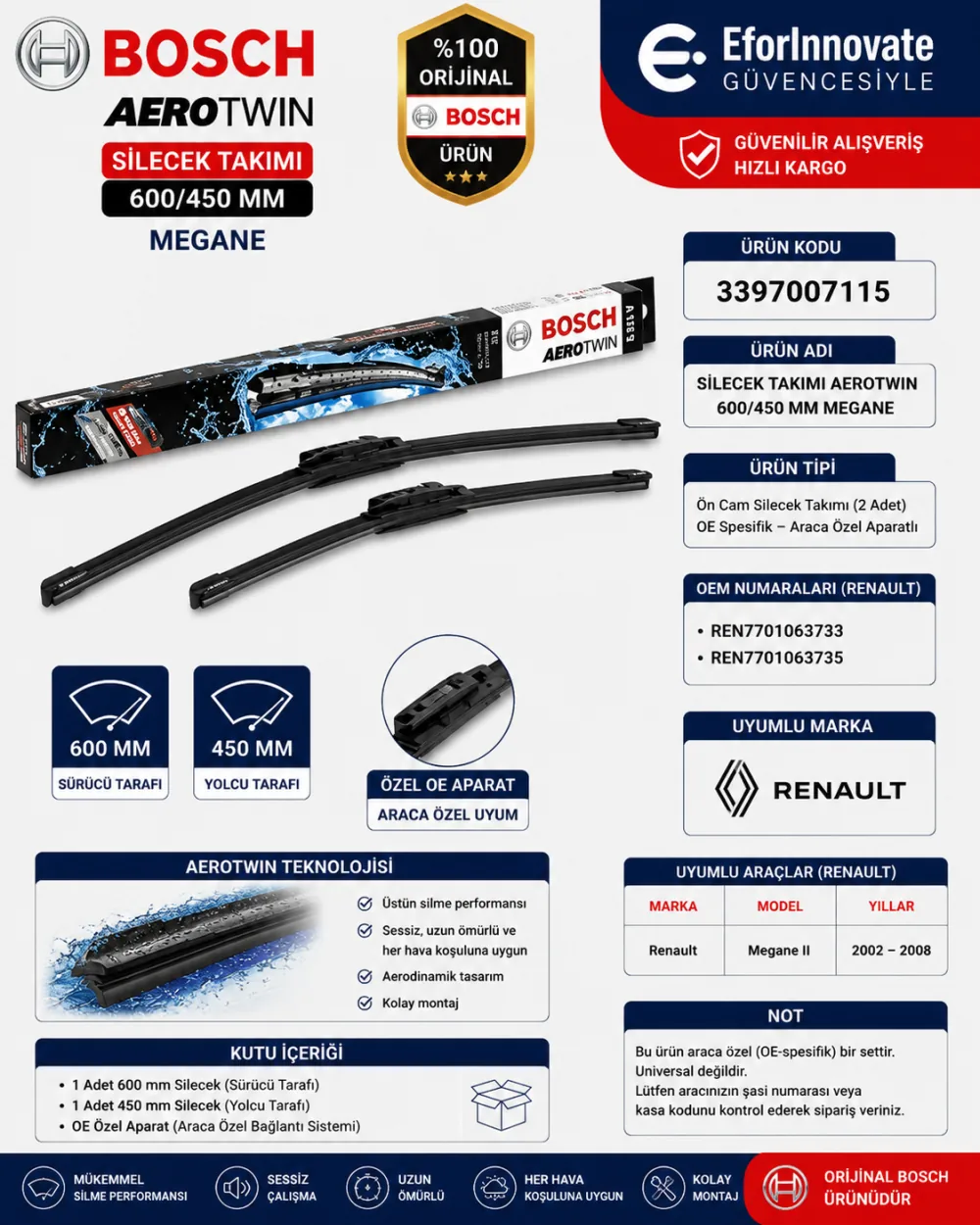 Aerotwin Silecek Takımı 600/450 mm Megane Uyumlu 3397007115