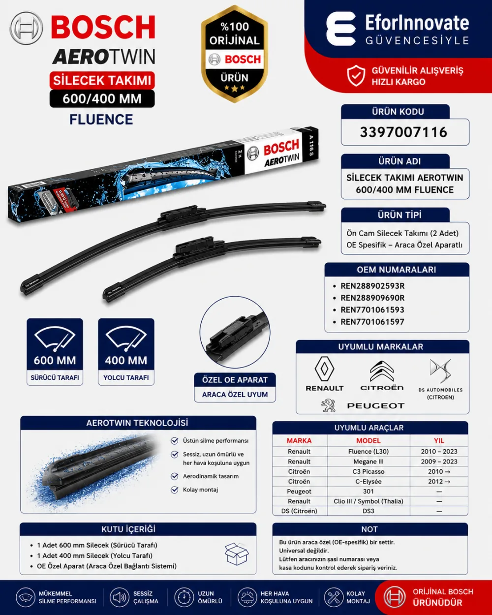 Aerotwin Silecek Takımı 600/400 mm Fluence Uyumlu 3397007116