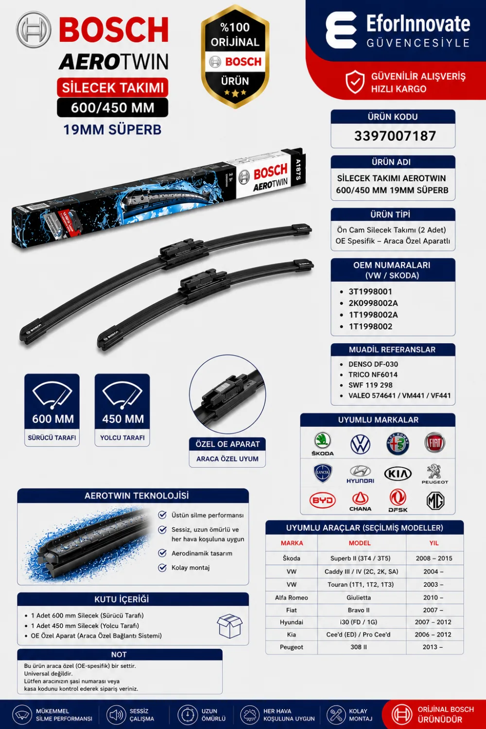Aerotwin Silecek Takımı 600/450 mm Superb Uyumlu 3397007187