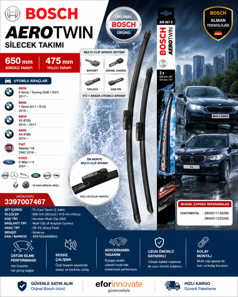 Aerotwin Silecek Takımı 650/475 mm Bmw Uyumlu 3397007467