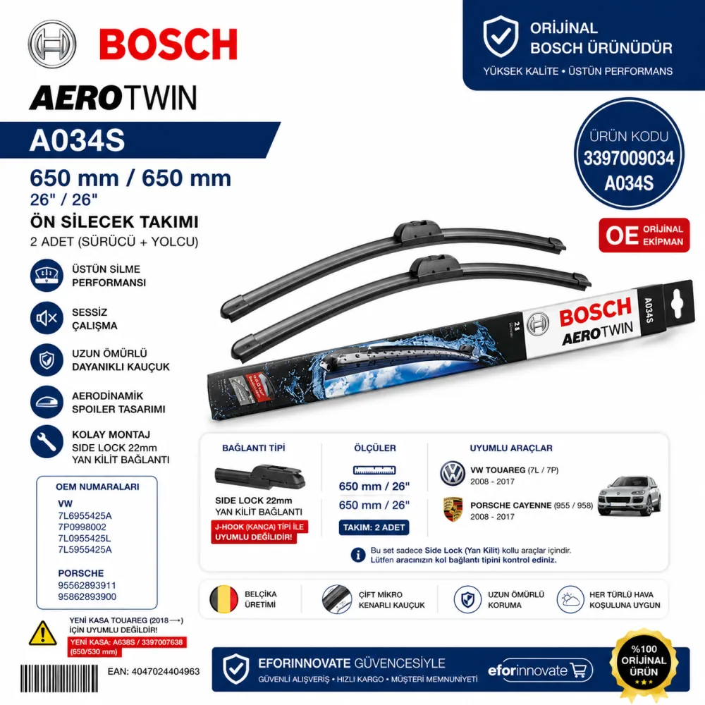 Aerotwin Silecek Takımı 650/650 mm Volkswagen Touareg Uyumlu 3397009034