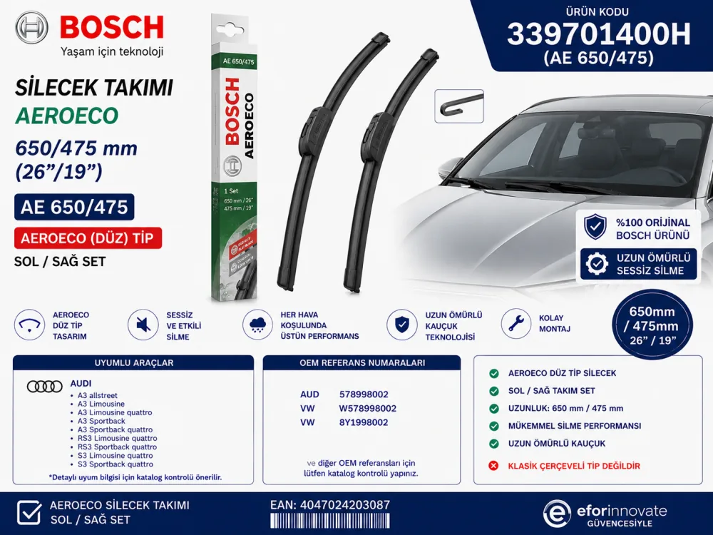 Aeroeco Silecek Takımı 650/475 mm Audi Uyumlu 339701400H