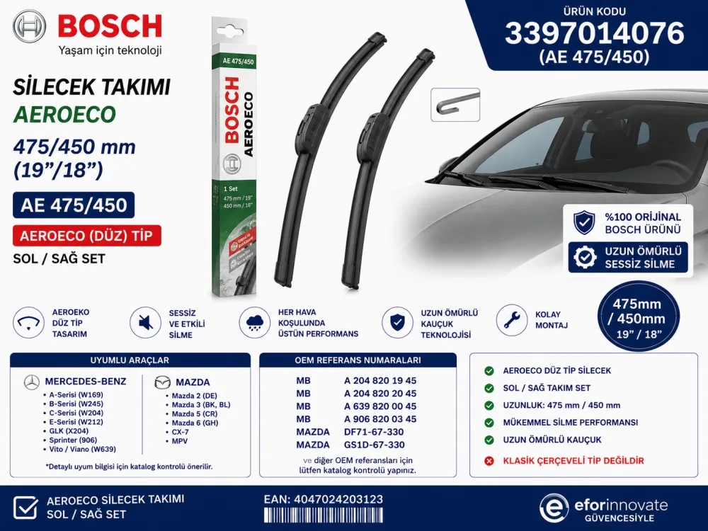 Aeroeco Silecek Takımı 475/450 mm Mercedes Mazda Uyumlu 3397014076