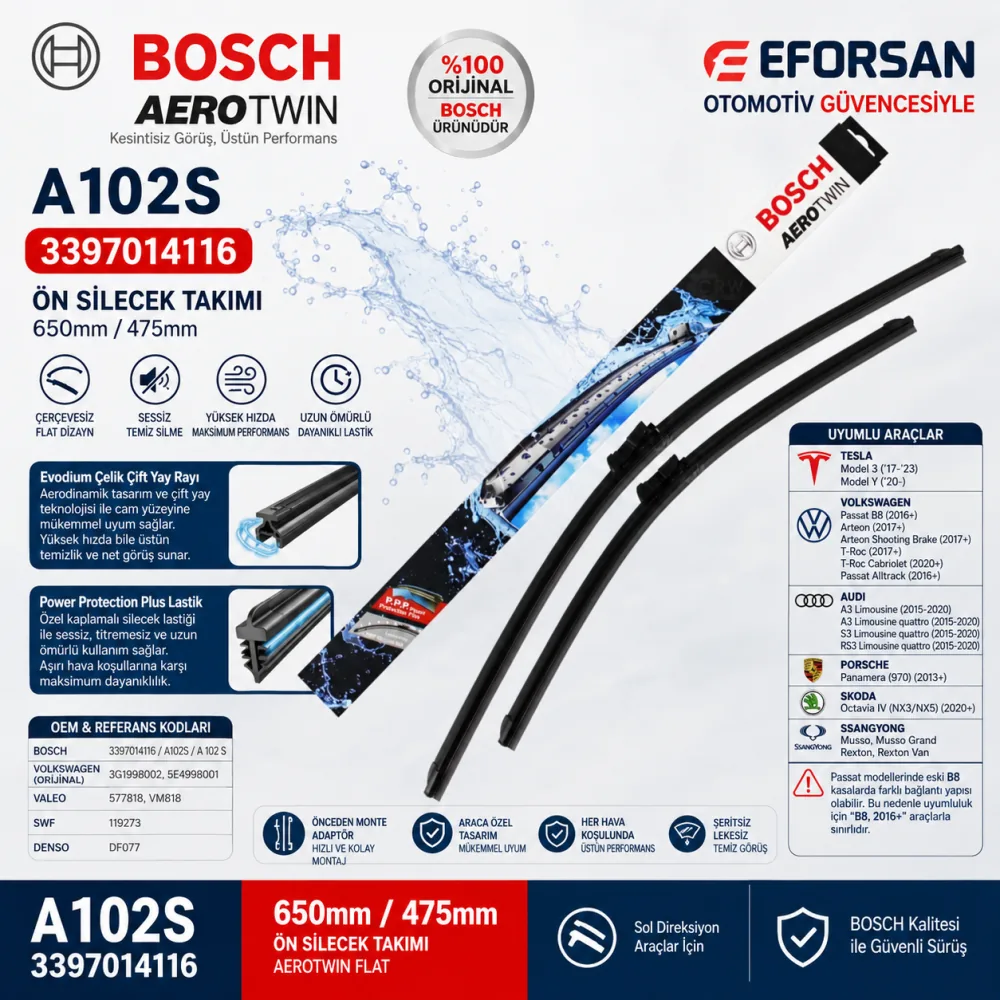 Aerotwin Silecek Takımı 650/475 mm Tesla Passat Uyumlu 3397014116