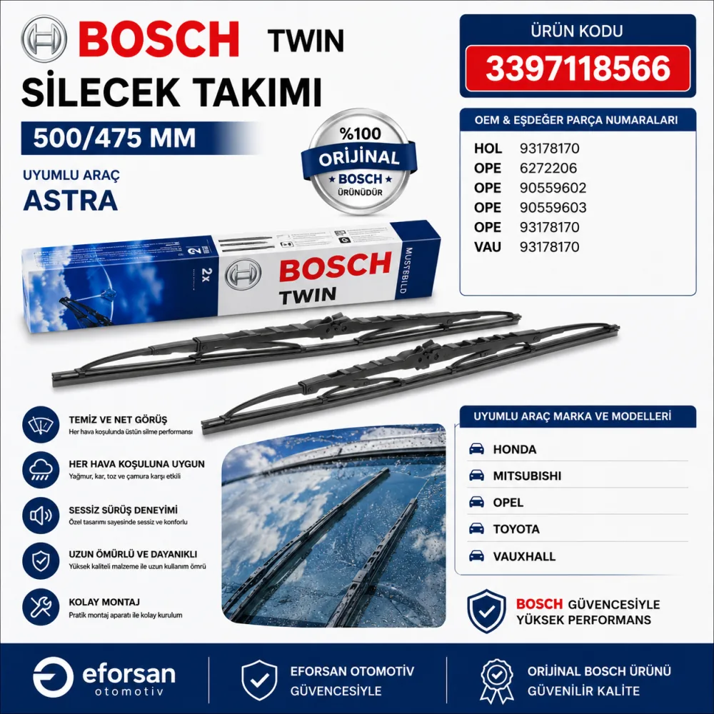 Twin Silecek Takımı 500/475 mm Astra Uyumlu 3397118566