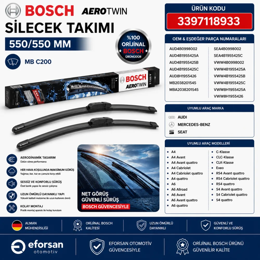 Aerotwin Silecek Takımı 550/550 mm Mercedes C200 Uyumlu 3397118933
