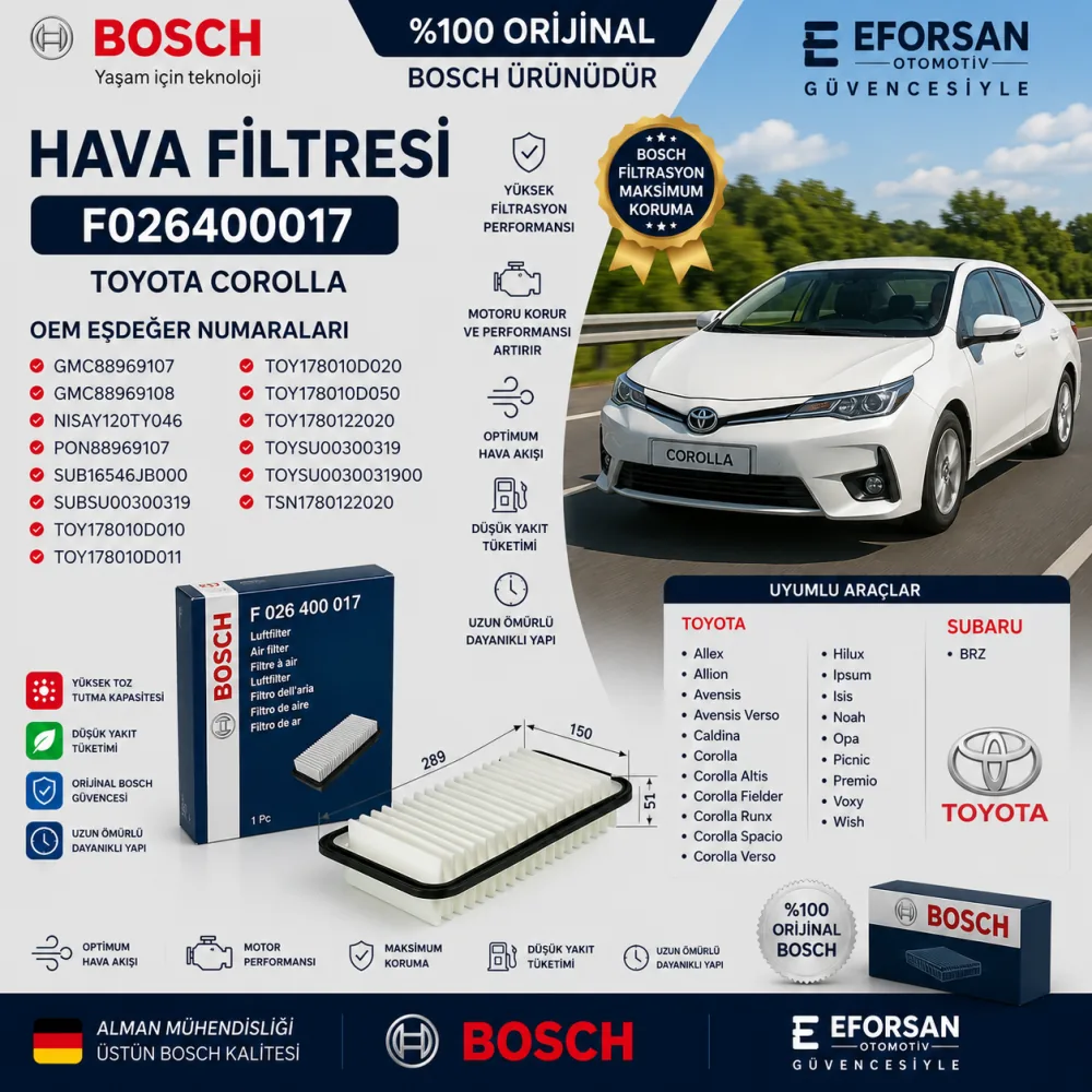 Hava Filtresi Toyota Uyumlu F026400017