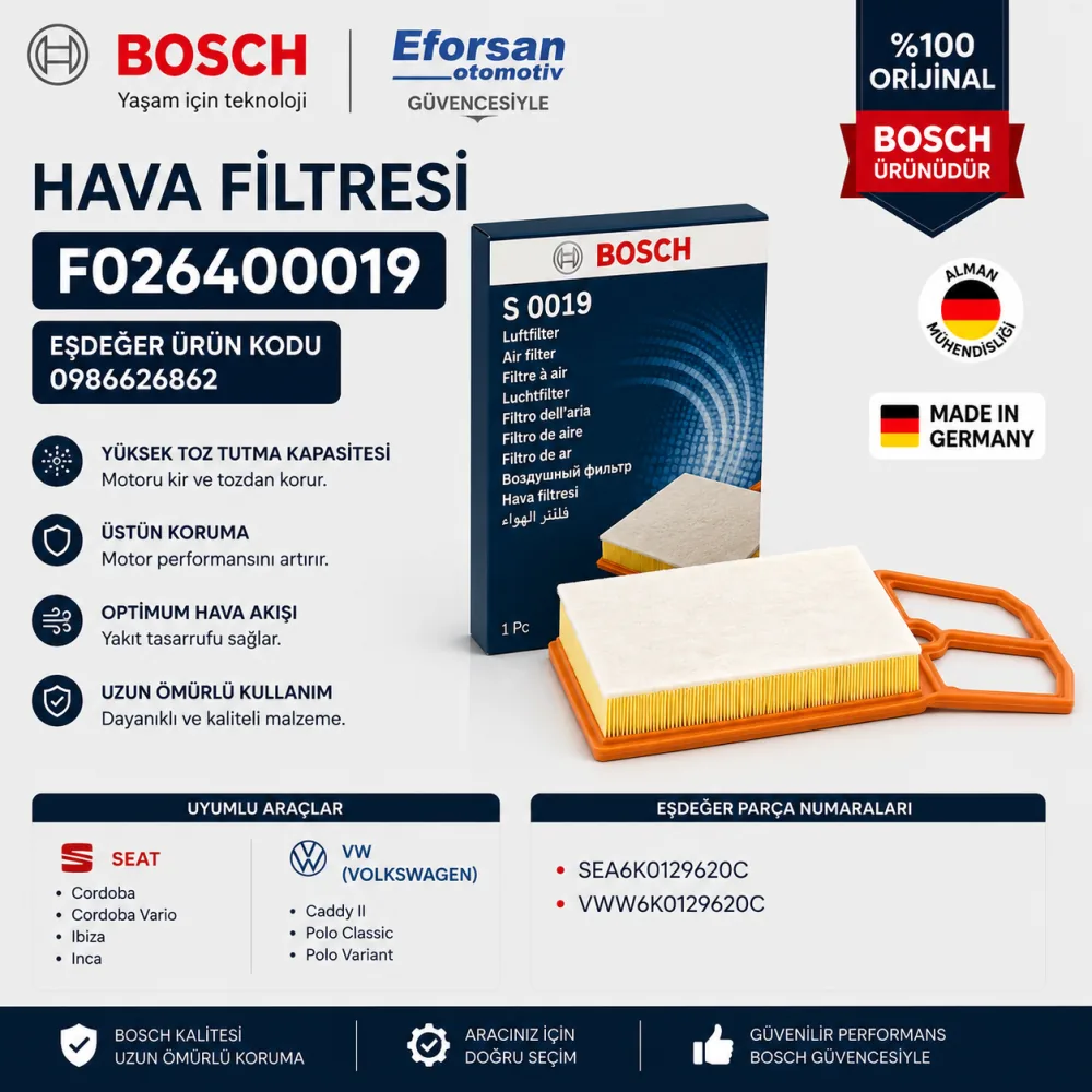 Hava Filtresi Volkswagen Skoda Uyumlu F026400019