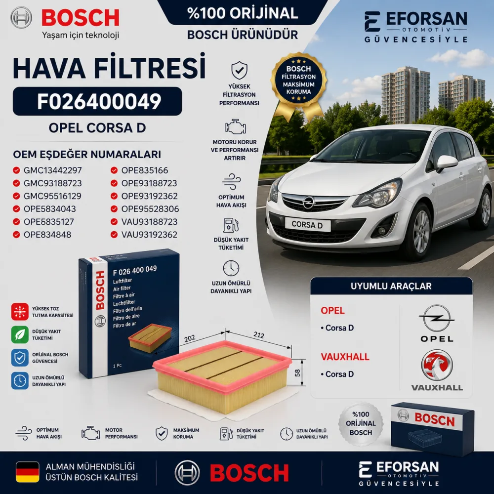 Hava Filtresi Opel Uyumlu F026400049