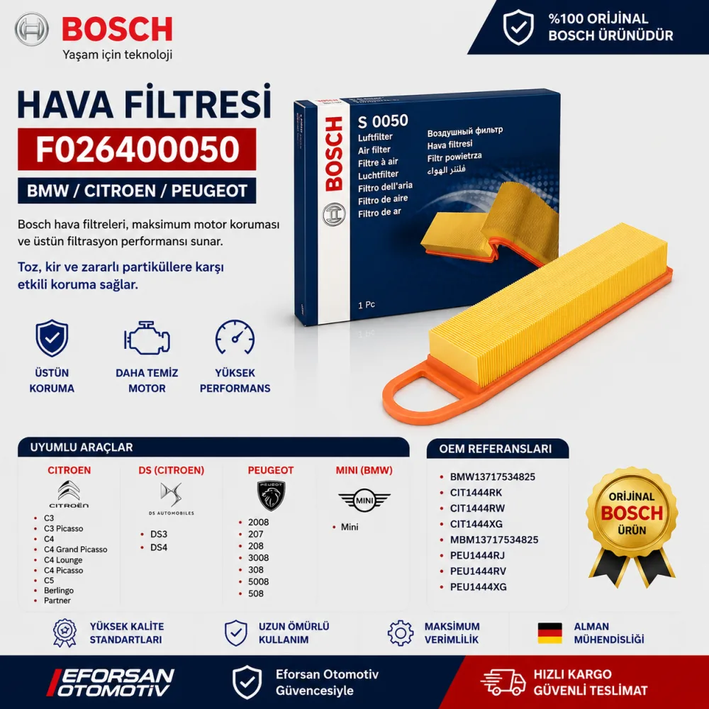 Hava Filtresi Bmw Citroen Peugeot Uyumlu F026400050