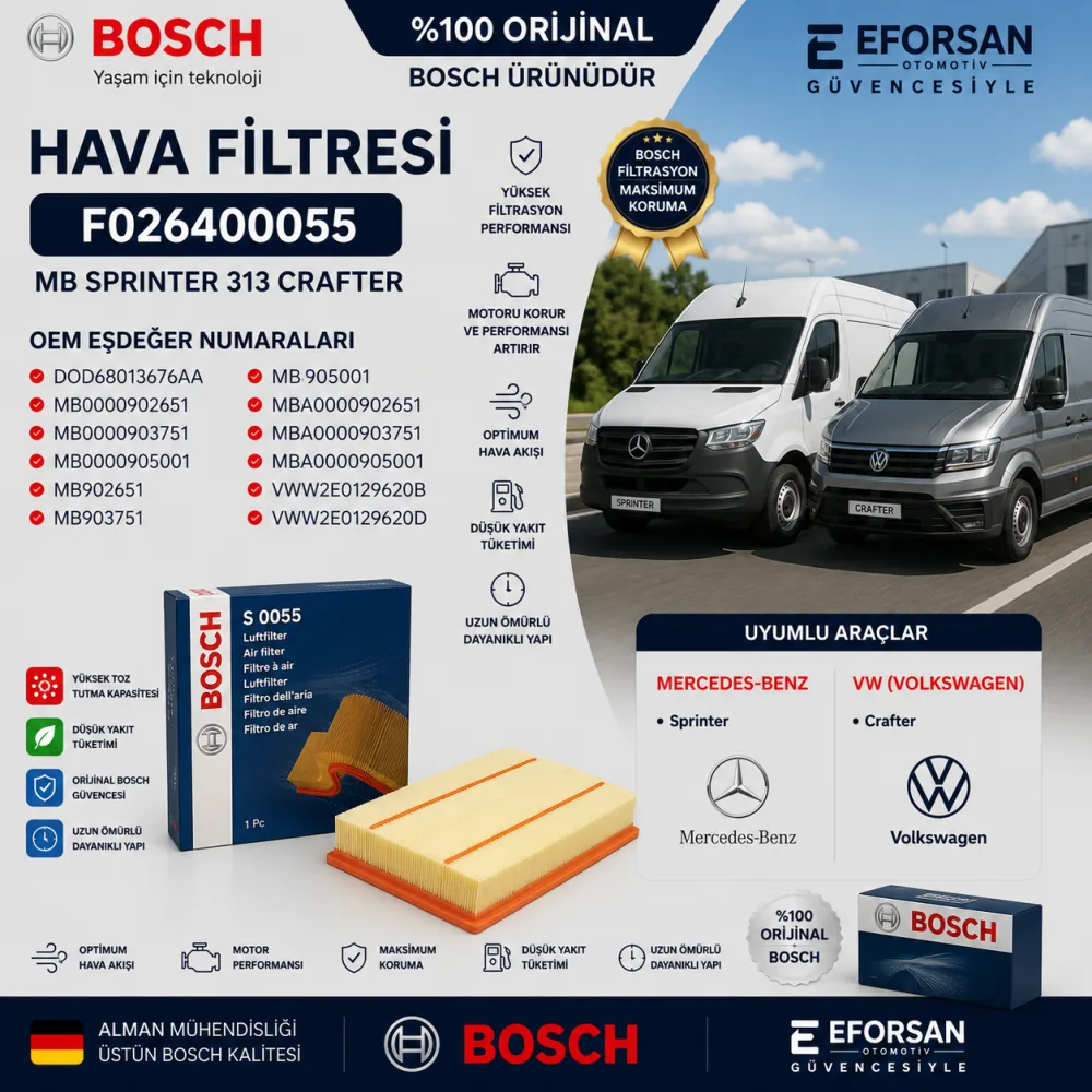 Bosch F026400055 Hava Filtresi Mercedes Sprinter / Vw Crafter Uyumlu F026400055