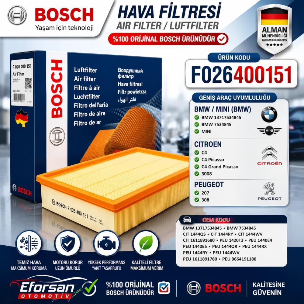 Hava Filtresi Bmw Citroen Peugeot Uyumlu F026400151