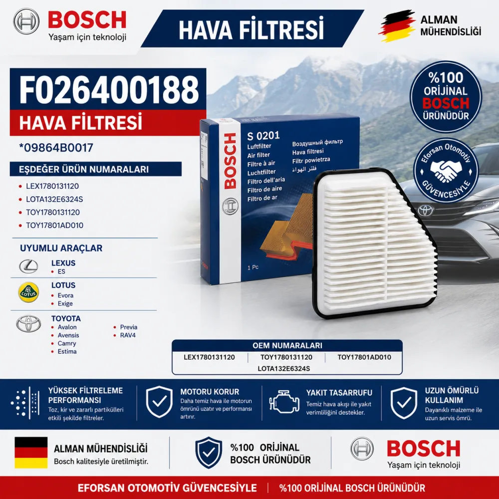 Hava Filtresi Lexus Lotus Toyota Uyumlu F026400188