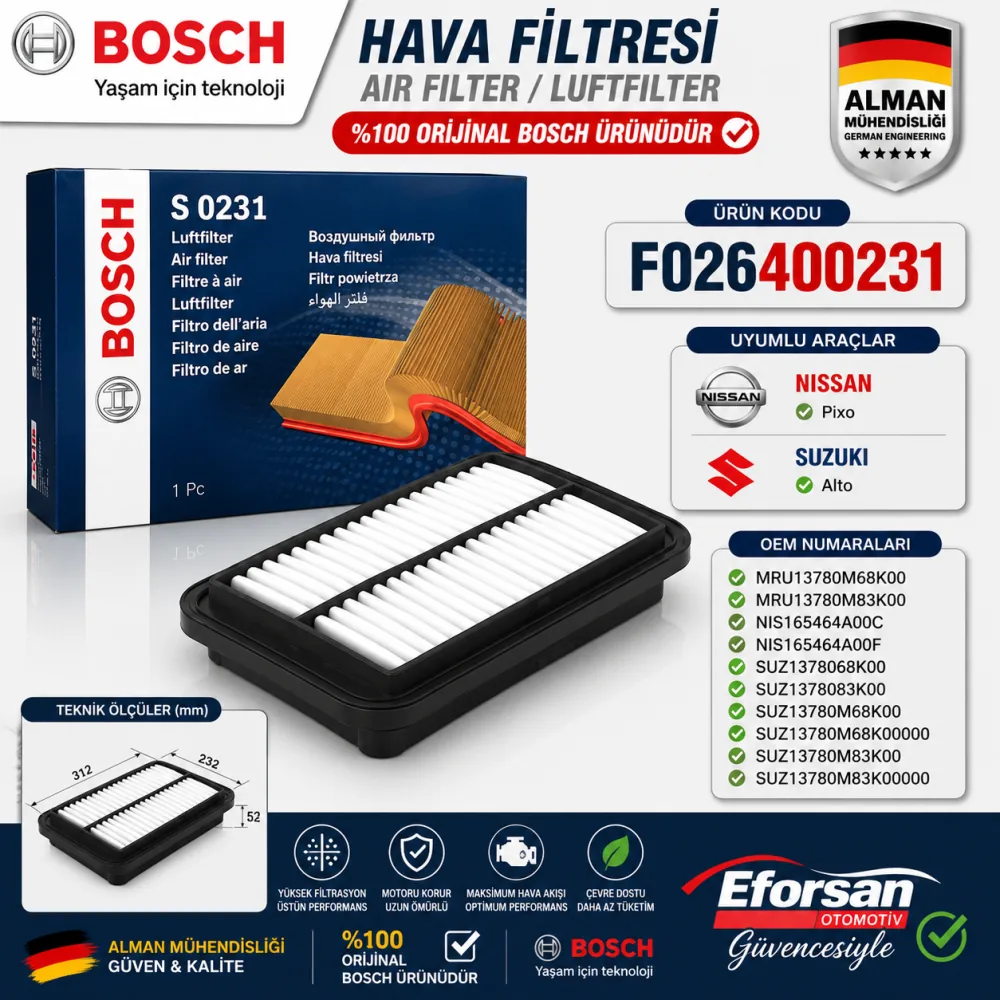 Hava Filtresi Nissan Suzuki Uyumlu F026400231