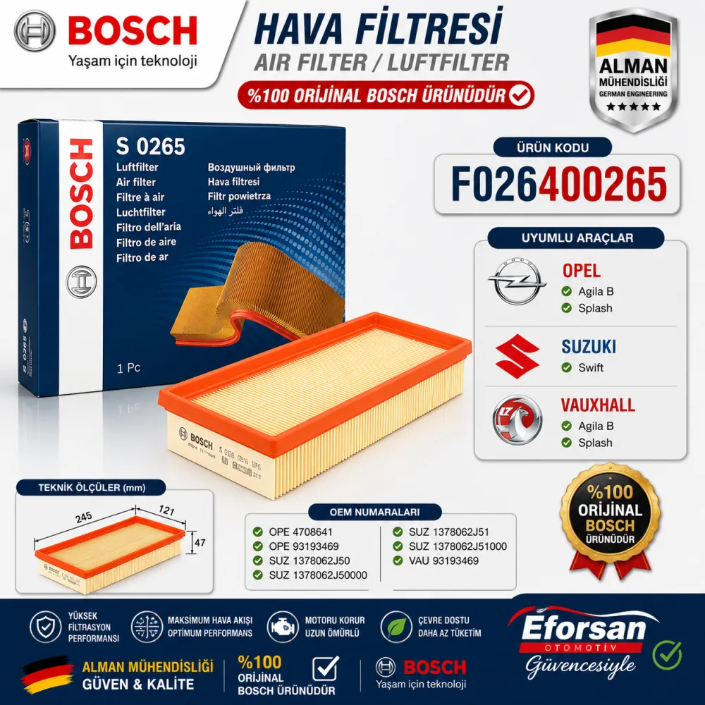 Hava Filtresi Suzuki Opel Uyumlu F026400265