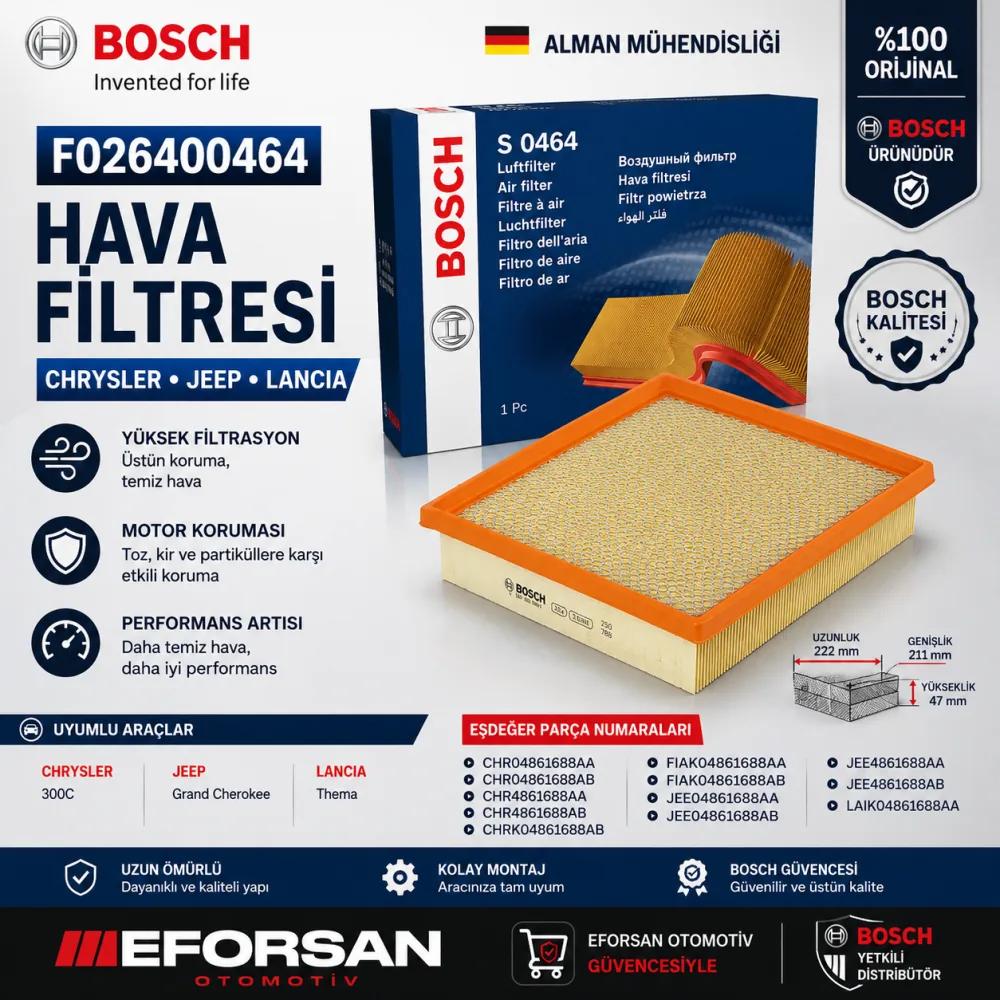 Hava Filtresi Chrysler Jeep Lancia Uyumlu F026400464
