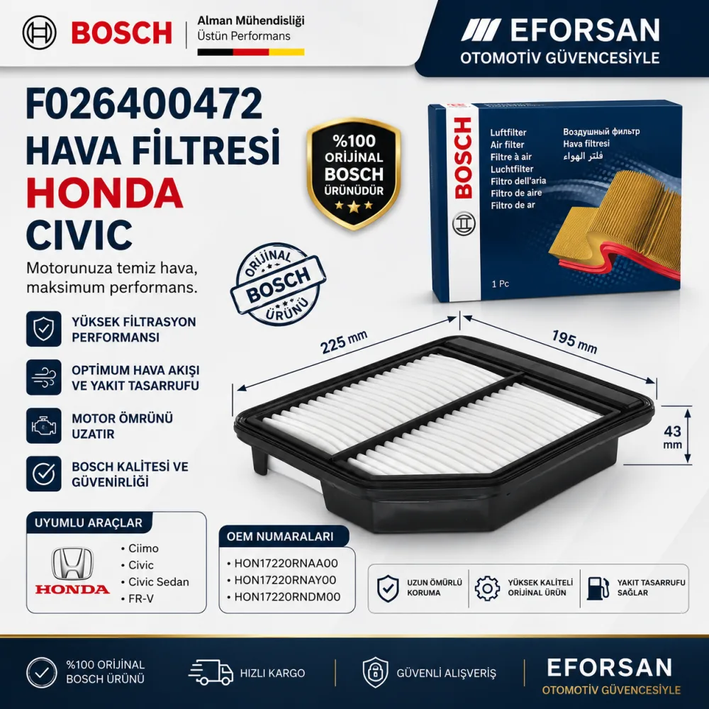 Hava Filtresi Honda Uyumlu F026400472