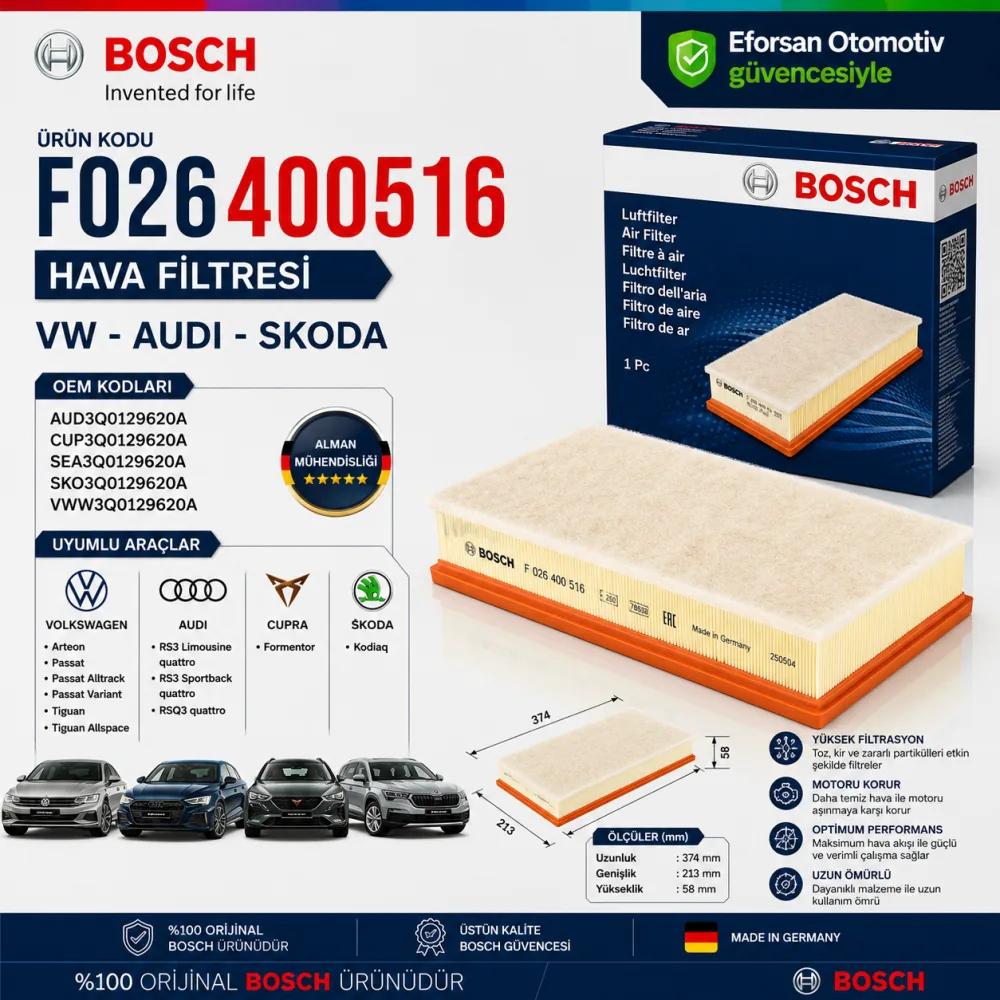 Hava Filtresi Volkswagen Skoda Uyumlu F026400516