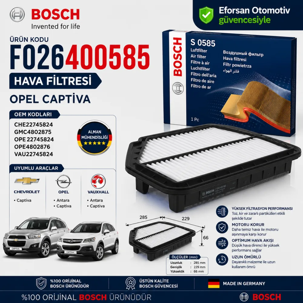 Hava Filtresi Opel Chevrolet Uyumlu F026400585