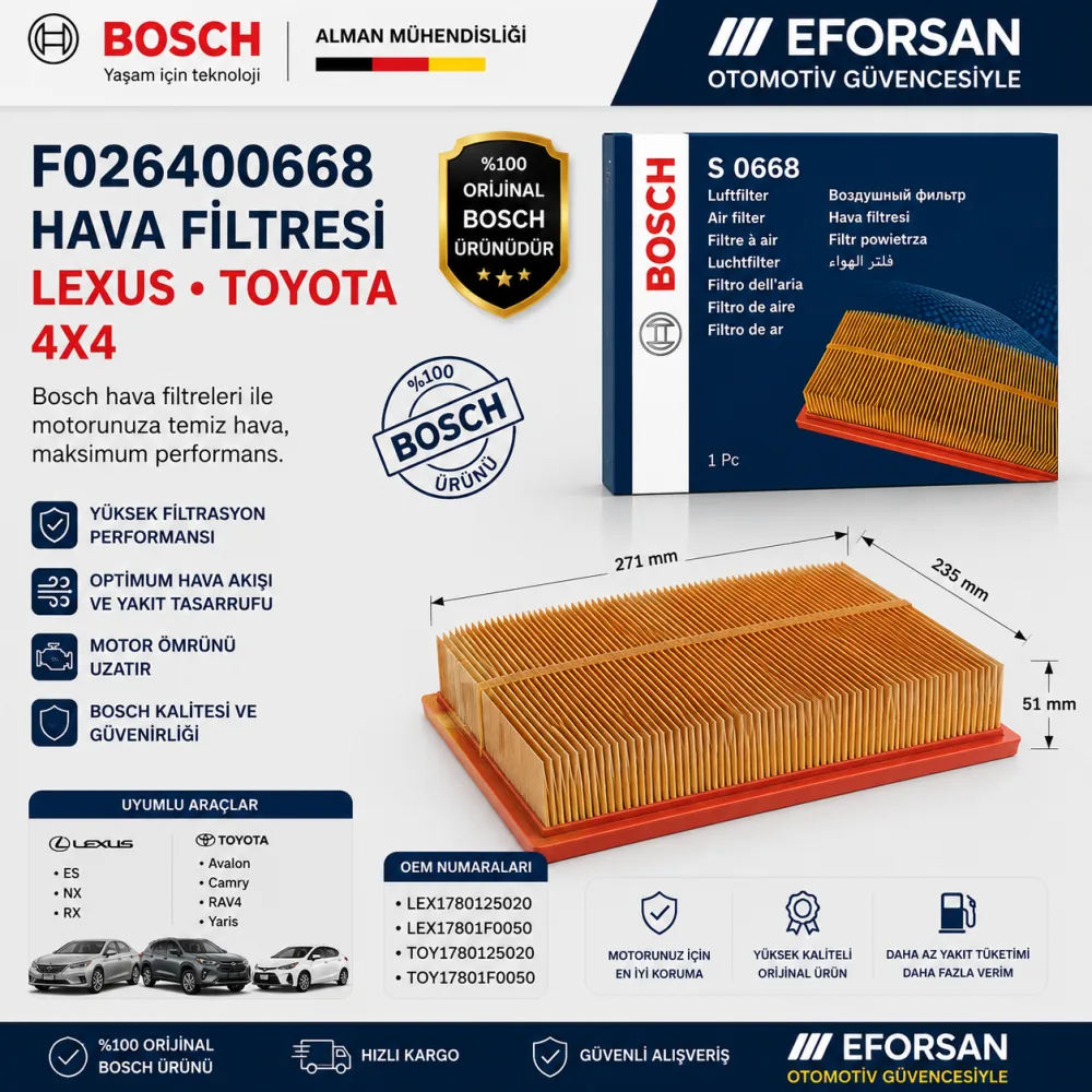 Hava Filtresi Lexus Toyota Uyumlu F026400668