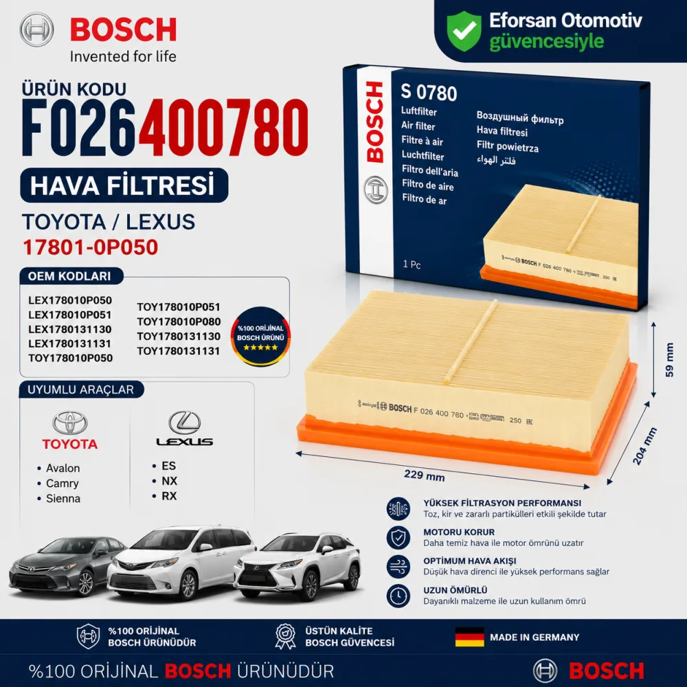 Hava Filtresi Toyota Uyumlu F026400780