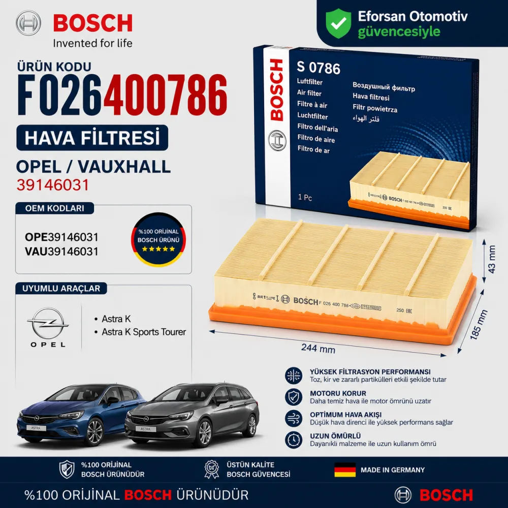 Hava Filtresi Opel Uyumlu F026400786
