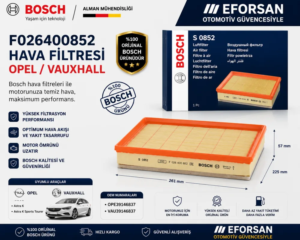 Hava Filtresi Opel Uyumlu F026400852