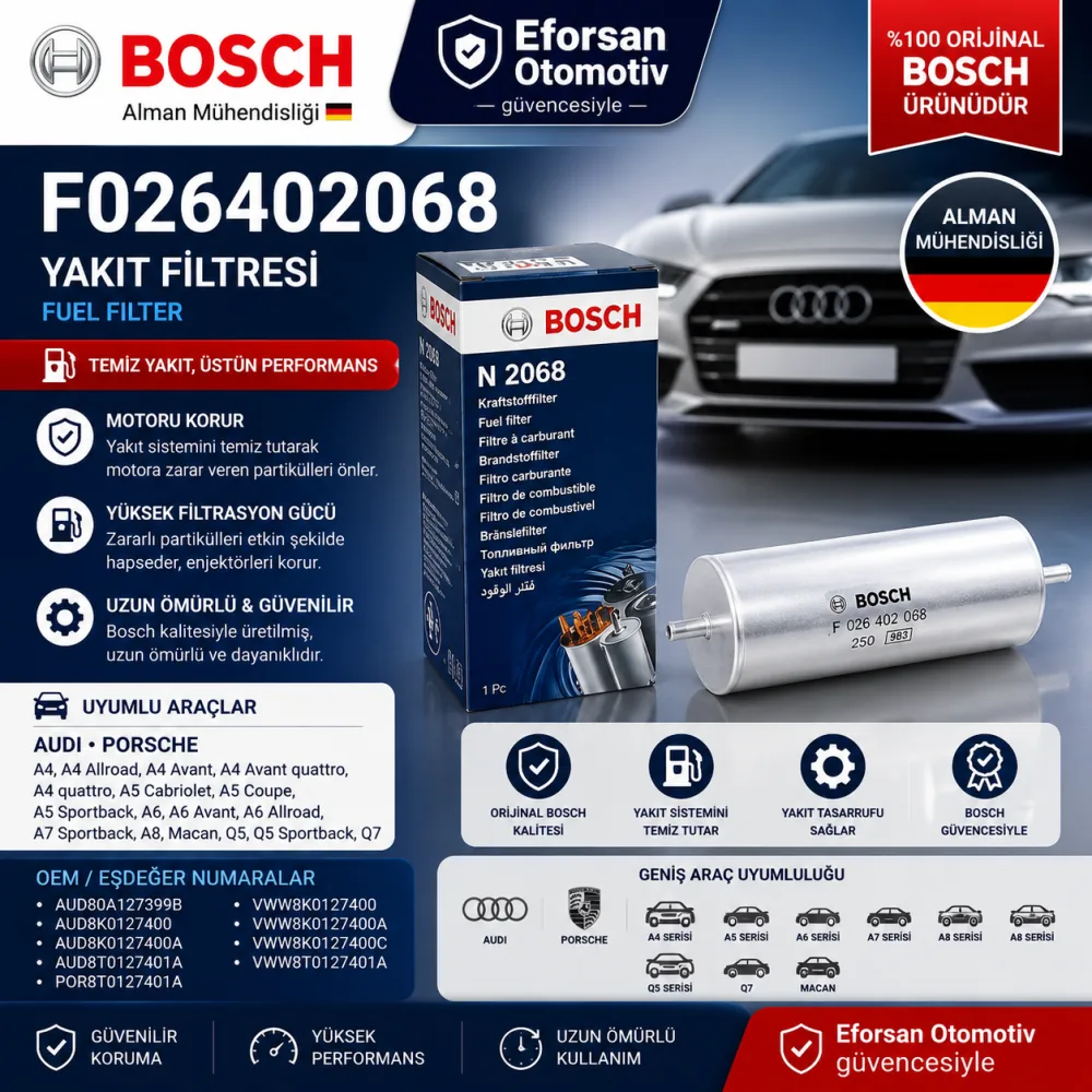 Bosch F026402068 N2068 Dizel Yakıt Filtresi Audi Volkswagen Touareg F026402068