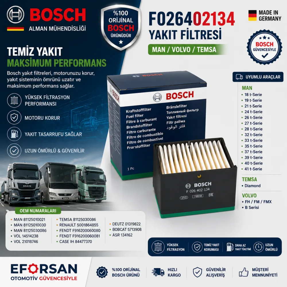Yakıt Filtresi Man Volvo Temsa Uyumlu F026402134
