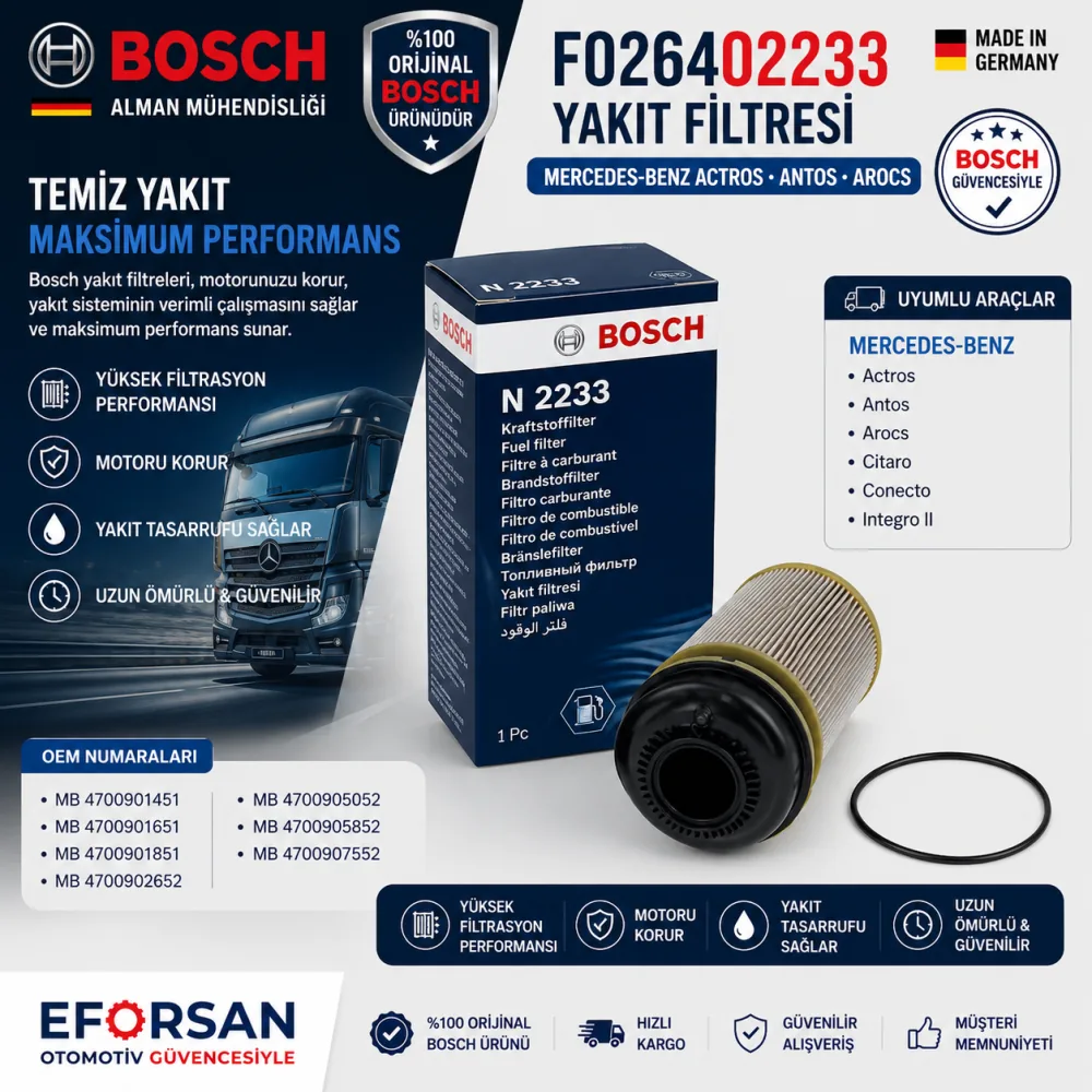 Bosch F026402233 Yakıt Filtresi (Mazot Filtresi) Mercedes Actros / Antos / Arocs F026402233