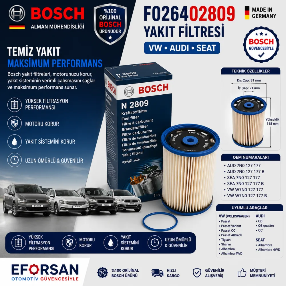 Bosch F026402809 Yakıt Filtresi – Dizel Yakıt Filtre Elemanı (Vw / Audi Uyumlu) F026402809