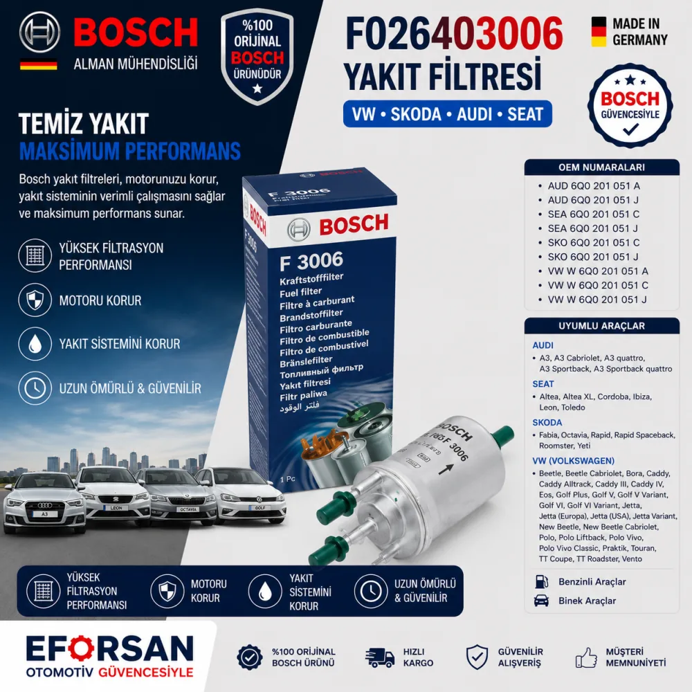 Yakıt Filtresi Volkswagen Skoda Audi Uyumlu F026403006